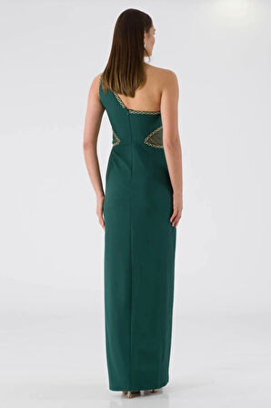 Tek Omuz Beli Tül Detaylı Uzun Abiye Hohny