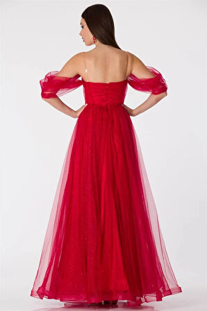 Kadın Işıltılı Yırtmaçlı Tül Detay Abiye