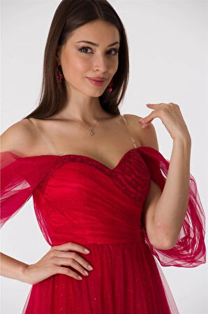 Kadın Işıltılı Yırtmaçlı Tül Detay Abiye