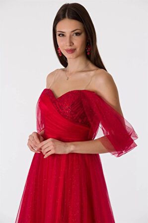 Kadın Işıltılı Yırtmaçlı Tül Detay Abiye