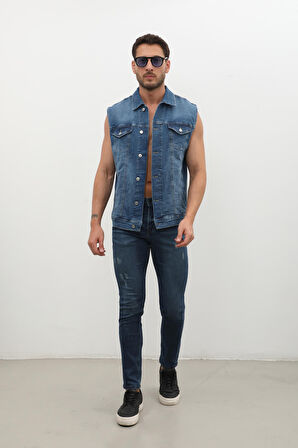 Erkek Düğmeli Jean Yelek