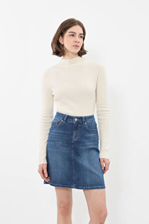 Blue White Kadın Jean Etek Diz Üstü