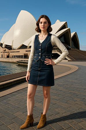 Blue White Kadın Jean Etek Diz Üstü