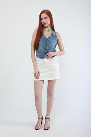 Kadın V Yaka Düğmeli %100 Pamuk Jean Yelek