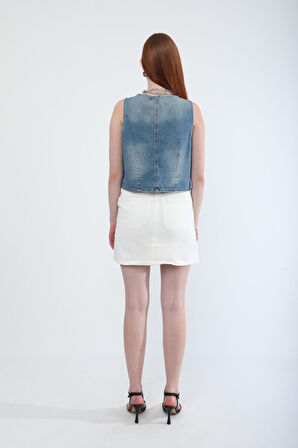 Kadın V Yaka Düğmeli %100 Pamuk Jean Yelek