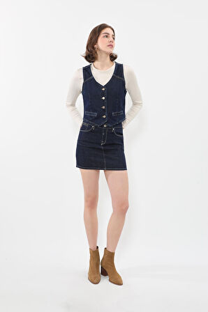 Kadın V Yaka Düğmeli %100 Pamuk Jean Yelek