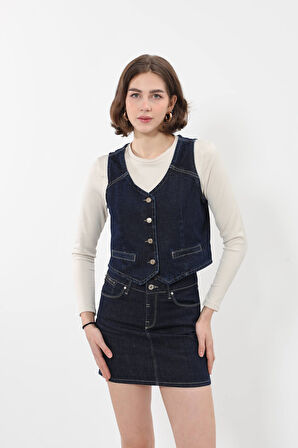 Kadın V Yaka Düğmeli %100 Pamuk Jean Yelek