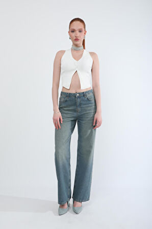 Kadın Yüksek Bel Straight Fit Tint Jean Pantolon