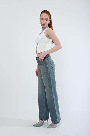 Kadın Yüksek Bel Straight Fit Tint Jean Pantolon