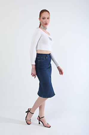 Önden Yırtmaçlı Likralı Midi Jean Etek