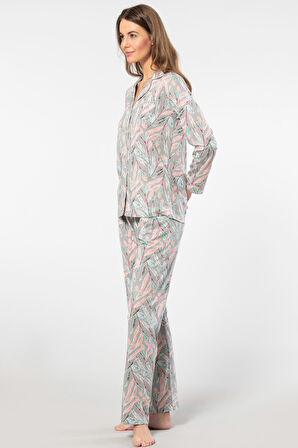 Türen Yaprak Desenli Uzun Kollu Gömlek Yaka Pijama Takımı