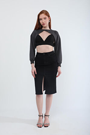 Önden Yırtmaçlı Likralı Midi Jean Etek