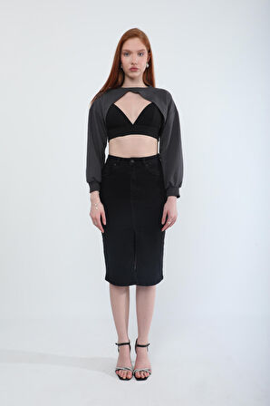 Önden Yırtmaçlı Likralı Midi Jean Etek