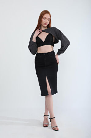 Önden Yırtmaçlı Likralı Midi Jean Etek