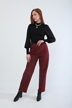 Kadın Beli Lastikli Likralı Esnek Jean Pantolon Bordo