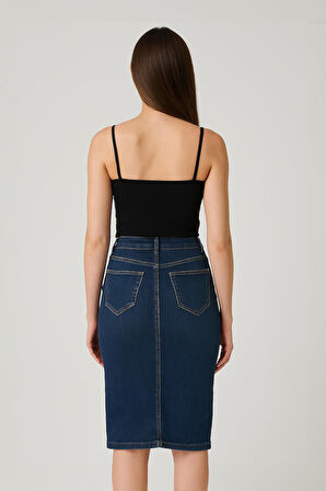 Önü Yan Düğmeli Midi Boy Likralı Lacivert Jean Etek