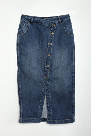 Önü Yan Düğmeli Midi Boy Likralı Lacivert Jean Etek