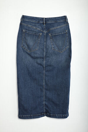 Önü Yan Düğmeli Midi Boy Likralı Lacivert Jean Etek