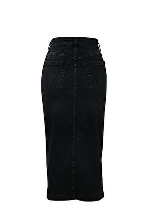 Önü Yan Düğmeli Midi Boy Likralı Siyah Jean Etek