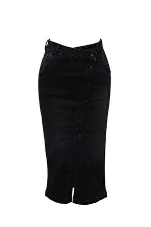 Önü Yan Düğmeli Midi Boy Likralı Siyah Jean Etek