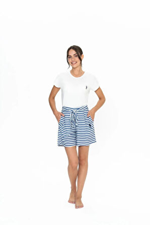 U.S. Polo Assn. Kadın Yuvarlak Yaka Alt Üst Bağcıklı Çizgili Pijama Şort Takım