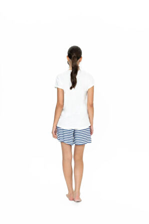 U.S. Polo Assn. Kadın Yuvarlak Yaka Alt Üst Bağcıklı Çizgili Pijama Şort Takım