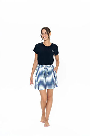 U.S. Polo Assn. Kadın Yuvarlak Yaka Alt Üst Bağcıklı Çizgili Pijama Şort Takım