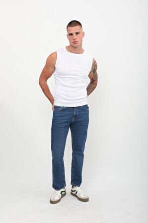 Erkek Straight Fit Normal Bel Rahat Kesim Düz Paça Koyu Mavi Jean Pantolon
