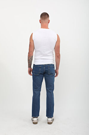 Erkek Straight Fit Normal Bel Rahat Kesim Düz Paça Koyu Mavi Jean Pantolon