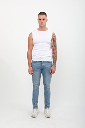 Erkek Skinny Fit Düşük Bel Dar Kesim Dar Paça Likralı Mavi Jean Pantolon