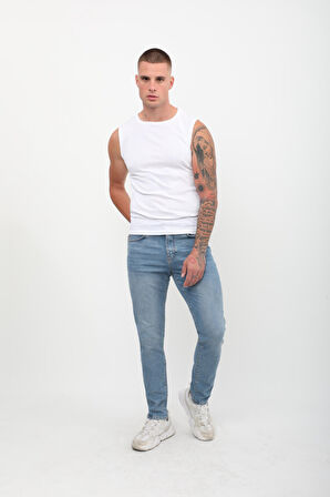 Erkek Skinny Fit Düşük Bel Dar Kesim Dar Paça Likralı Mavi Jean Pantolon