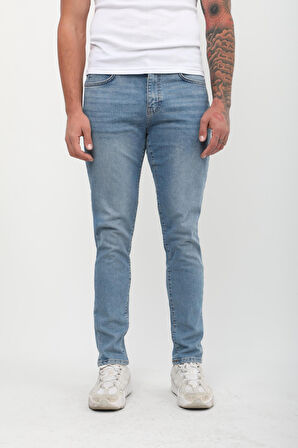 Erkek Skinny Fit Düşük Bel Dar Kesim Dar Paça Likralı Mavi Jean Pantolon