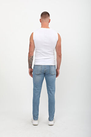 Erkek Skinny Fit Düşük Bel Dar Kesim Dar Paça Likralı Mavi Jean Pantolon