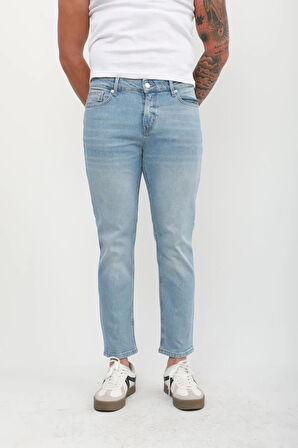 Erkek Slim Fit Normal Bel Düz Kesim Dar Paça Likralı Açık Mavi Jean Pantolon