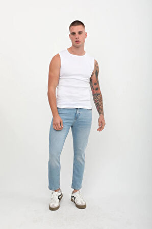Erkek Slim Fit Normal Bel Düz Kesim Dar Paça Likralı Açık Mavi Jean Pantolon