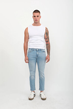 Erkek Slim Fit Normal Bel Düz Kesim Dar Paça Likralı Açık Mavi Jean Pantolon