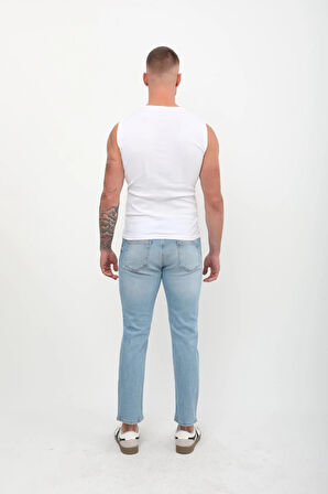 Erkek Slim Fit Normal Bel Düz Kesim Dar Paça Likralı Açık Mavi Jean Pantolon