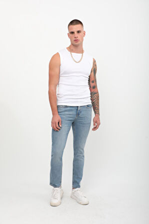 Erkek Slim Fit Normal Bel Düz Kesim Dar Paça Likralı Mavi Jean Pantolon