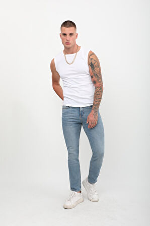 Erkek Slim Fit Normal Bel Düz Kesim Dar Paça Likralı Mavi Jean Pantolon