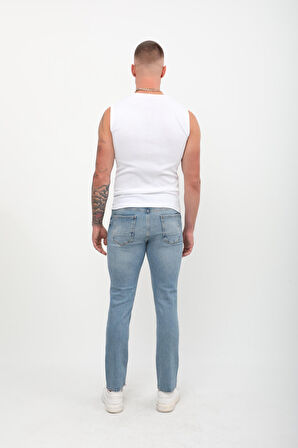 Erkek Slim Fit Normal Bel Düz Kesim Dar Paça Likralı Mavi Jean Pantolon