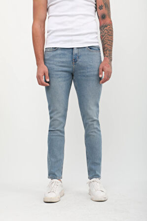 Erkek Slim Fit Normal Bel Düz Kesim Dar Paça Likralı Mavi Jean Pantolon