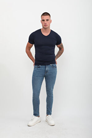 Erkek Süper Skinny Fit Düşük Bel Dar Kesim Dar Paça Likralı Mavi Jean Pantolon