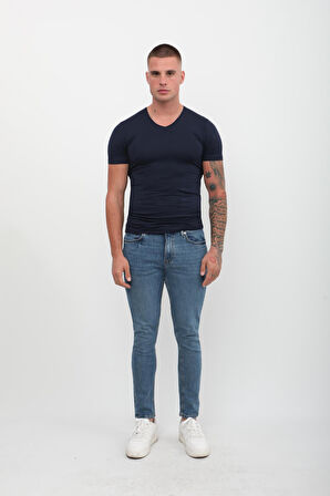 Erkek Süper Skinny Fit Düşük Bel Dar Kesim Dar Paça Likralı Mavi Jean Pantolon