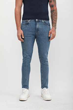 Erkek Süper Skinny Fit Düşük Bel Dar Kesim Dar Paça Likralı Mavi Jean Pantolon