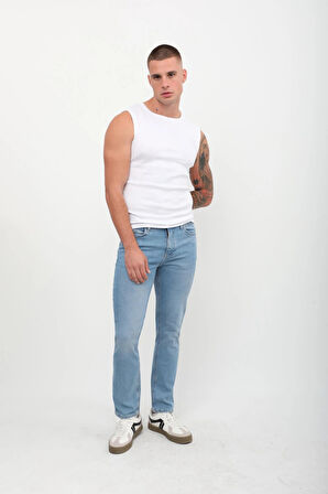 Erkek Slim Fit Düşük Bel Dar Kesim Dar Paça Likralı Açık Mavi Jean Pantolon
