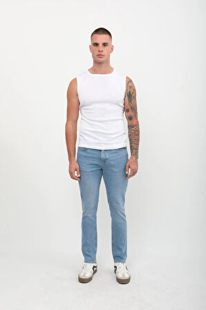 Erkek Slim Fit Düşük Bel Dar Kesim Dar Paça Likralı Açık Mavi Jean Pantolon