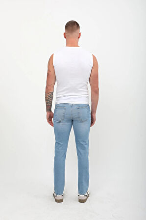 Erkek Slim Fit Düşük Bel Dar Kesim Dar Paça Likralı Açık Mavi Jean Pantolon