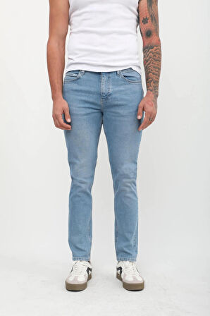 Erkek Slim Fit Düşük Bel Dar Kesim Dar Paça Likralı Açık Mavi Jean Pantolon