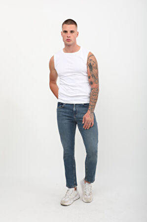 Erkek Slim Fit Normal Bel Düz Kesim Dar Paça Likralı İndigo Jean Pantolon