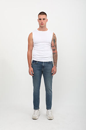 Erkek Slim Fit Normal Bel Düz Kesim Dar Paça Likralı İndigo Jean Pantolon